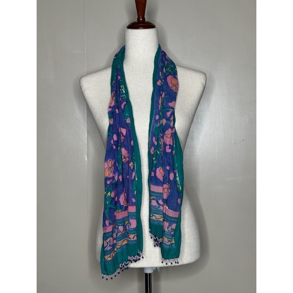 Boho Floral Cotton Scarf Beaded Trim Purple Teal‎ Pink Lightweight Wrap